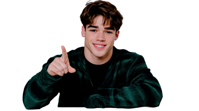 Young man smiling and pointing with confidence in casual attire