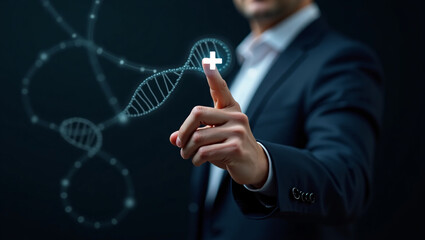 A hand in a suit presses a plus sign over a holographic DNA strand.