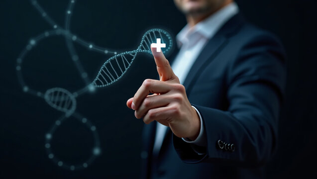 A hand in a suit presses a plus sign over a holographic DNA strand.
