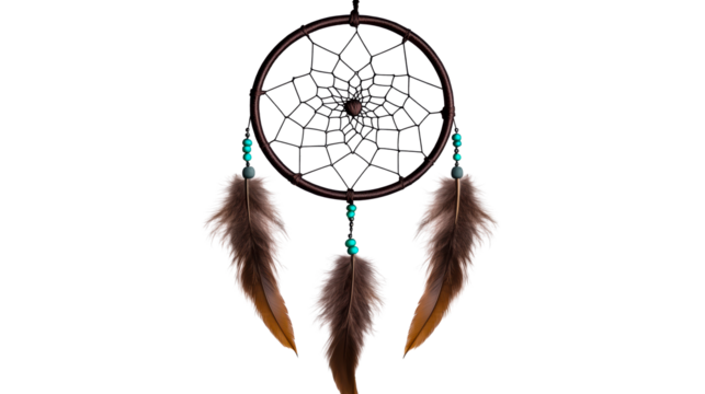 Dream catcher with feathers and beads on transparent background