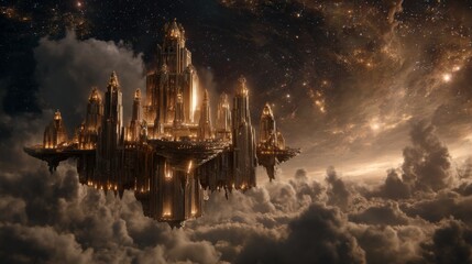 Naklejka premium Majestic Golden City Floating Among Celestial Clouds in a Cosmic Universe During a Starry Night Sky
