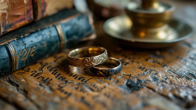 Engagement rings resting on antique wooden surface next to an old book and candle holder showcasing a romantic setting