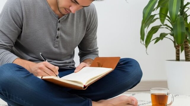 Man in repose scribes thoughts at home