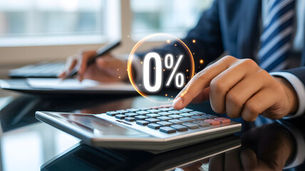 Dynamic businessman calculating zero percent interest with glowing financial data, inspiring confidence and growth for business success.