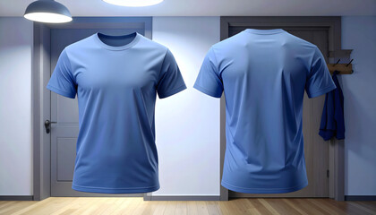 Plain light blue t-shirt, front and back views, displayed indoors.