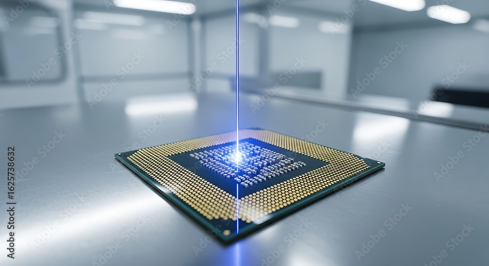 Poster luminous blue data stream activates a powerful cpu core in a futuristic laboratory.