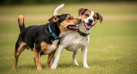 close up two dogs playing in the park