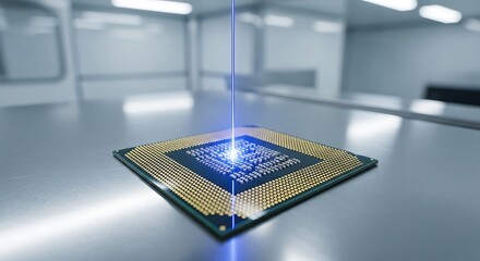 Luminous Blue Data Stream Activates a Powerful CPU Core in a Futuristic Laboratory.