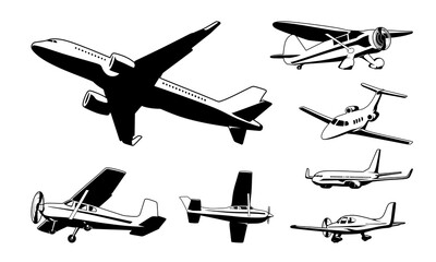 set of airplanes icons. Aircraft illustrations. Design element for logo, label, emblem, sign. Vector illustration.