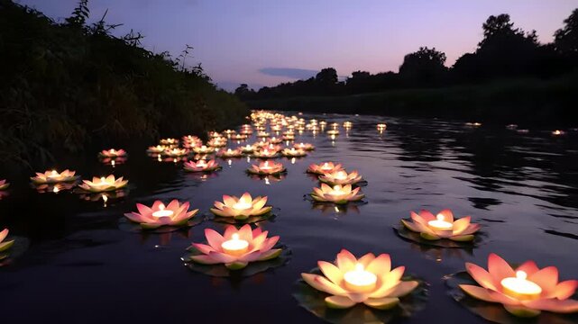 Candlelit lotus flowers float on water at twilight. Symbolizes peace, remembrance, hope, mindfulness, serenity, meditation, spiritual ceremonies, and events like Loy Krathong.