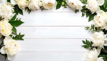 Fresh cream peonies on white wood