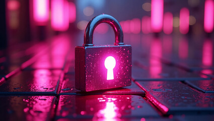 A padlock with a glowing red keyhole sits on a wet, neon lit pathway.