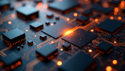 This is a close up of a circuit board. It shows electronic components like chips and circuits, with glowing orange lights.