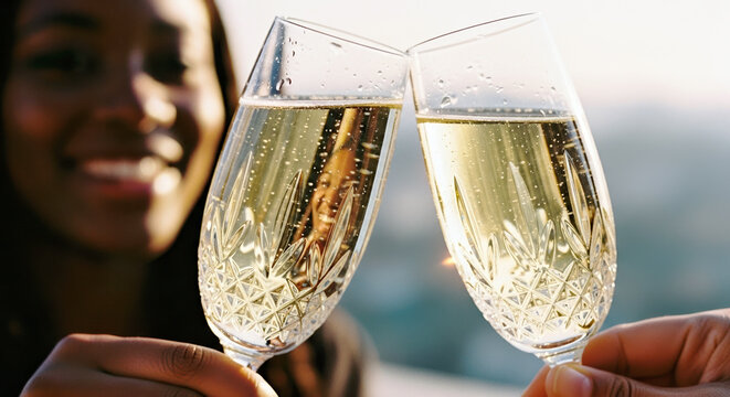Close-up of crystal champagne flutes clinking in celebration, Black African American woman smiling in background, festive lifestyle moment
