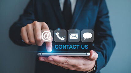 Business professional using smartphone to connect via digital contact icons for customer service