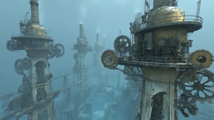 Abandoned Industrial Structures in Foggy Atmosphere with Gears and Machinery in a Surreal Underwater Landscape