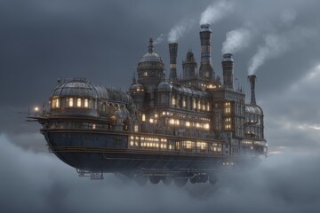 Naklejka premium Majestic Steampunk Airship Gliding Above Cloudy Skies in a Fantastical Landscape with Smoke and Warm Lights