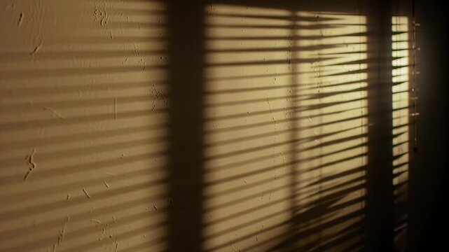 Window blind shadow patterns cast across a textured wall, creating light and dark stripes.