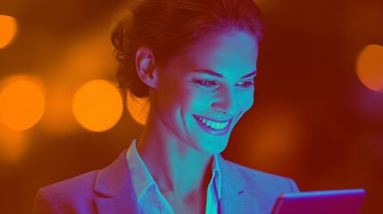 Woman using tablet, exploring digital connectivity for leisure and business.