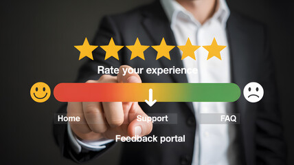 Capturing customer satisfaction with a glowing five-star rating and a positive feedback score on a digital interface