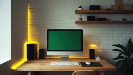 A home office workspace with modern lighting.