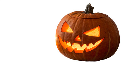 Fototapeta premium Glowing Jack-o'-lantern, menacing grin, Halloween, dark background, spooky, autumn, festive, carved pumpkin, illuminated, scary, isolated.