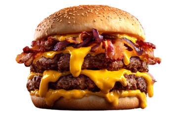 Double Bacon Cheeseburger with Dripping Sauce and Grilled Bun, Angled Side View, Isolated on Transparent Background