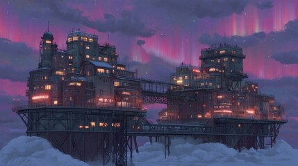 Fototapeta premium Dreamy floating city under vibrant auroras with advanced architecture surrounded by clouds and a magical twilight atmosphere