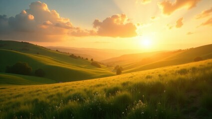 Obraz premium Scenic Countryside at Sunset – Emerald Green Fields with Warm Golden Light