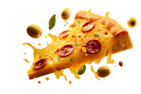 Floating Pizza Slice with Dripping Cheese and Spinning Toppings, Dynamic Composition, Isolated on Transparent Background