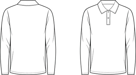 Flat sketch vector of minimal long sleeve polo shirt with collar and two-button placket, apparel design template for menswear fashion