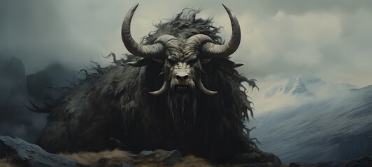 Fototapeta premium A haunted gothic mammoth fenrir perched on a wind-swept hill,generative AI