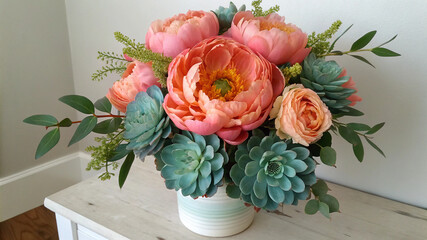Beautiful floral arrangement peony rose succulent flower bouquet centerpiece home decor table decoration