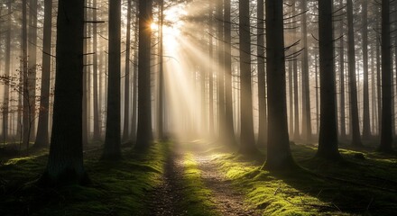 Obraz premium Sunbeams illuminate a foggy forest path, highlighting the mossy ground and tree trunks., concept for nature photography, landscape backgrounds and peaceful scenery visuals.