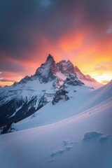 Obraz premium Lonely Traveler Walking Across Snow Plains toward a Glowing Horizon