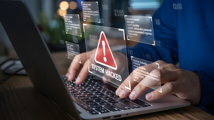 Urgent alert shows system hacked with digital data and warning symbol on futuristic interface, emphasizing cybersecurity threat and digital crime.