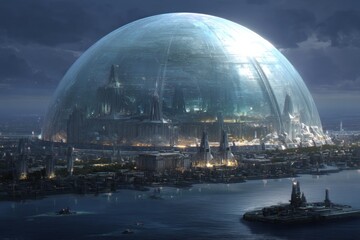 Naklejka premium Futuristic City Under Large Transparent Dome at Night with Vibrant City Lights and Calm Water Reflection