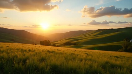 Fototapeta premium Golden Sunset Over Green Rolling Hills – Warm Evening Landscape Photography
