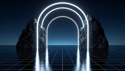 Glowing neon arches through dark rocks