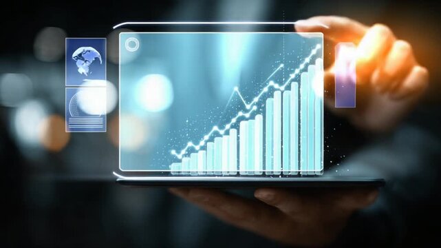 A hand holds a device displaying a projected financial chart with growing bars and a line graph. Additional graphic elements are included - Powered by Adobe