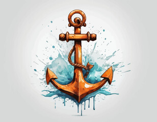 A bright red nautical anchor with two fluke ends plunges into choppy turquoise and white waves, secured by a thick, twisted whit (1)