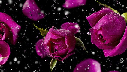 Purple roses in mid-air, showered with water droplets