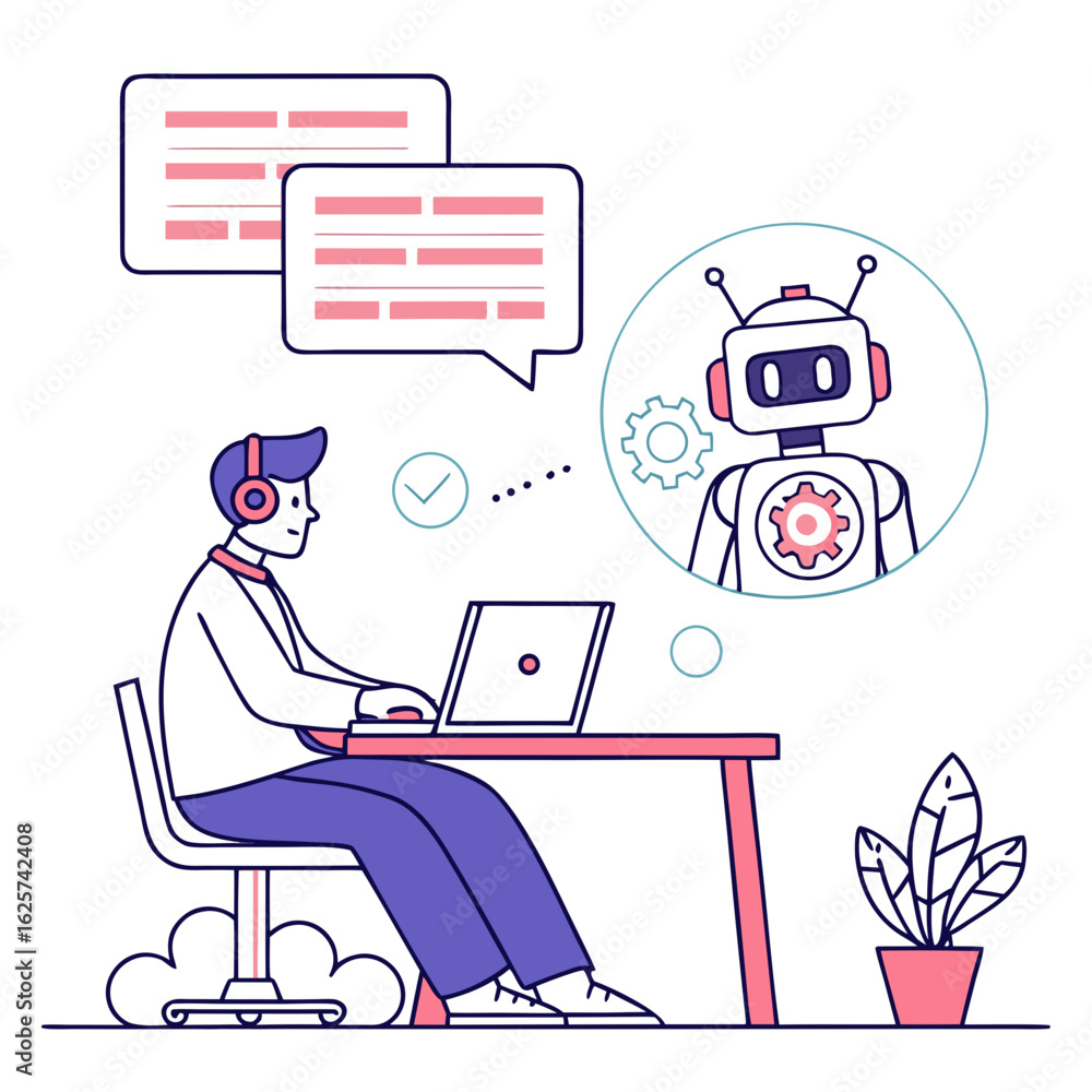 Poster man interacting with chatbot on laptop with robot illustration isolated on transparent background