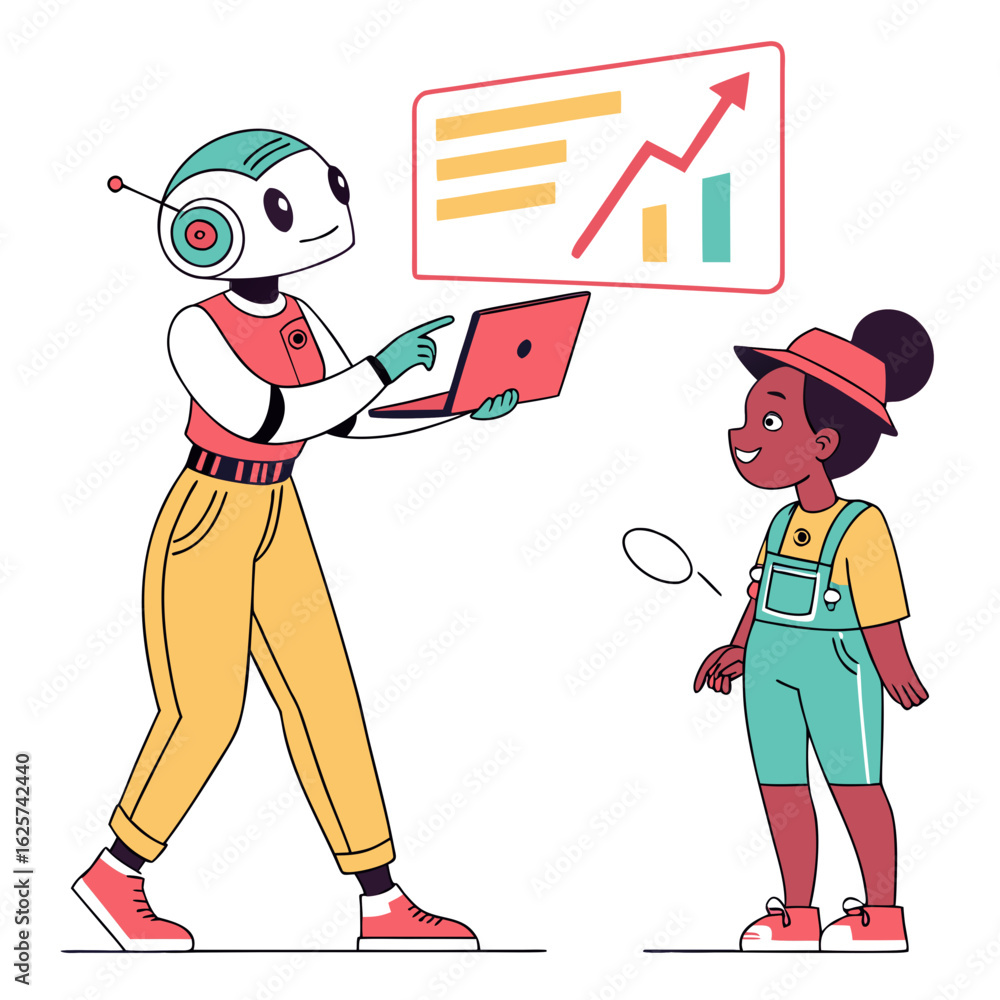 Poster friendly robot teaching a child about business growth and data analysis isolated on transparent back