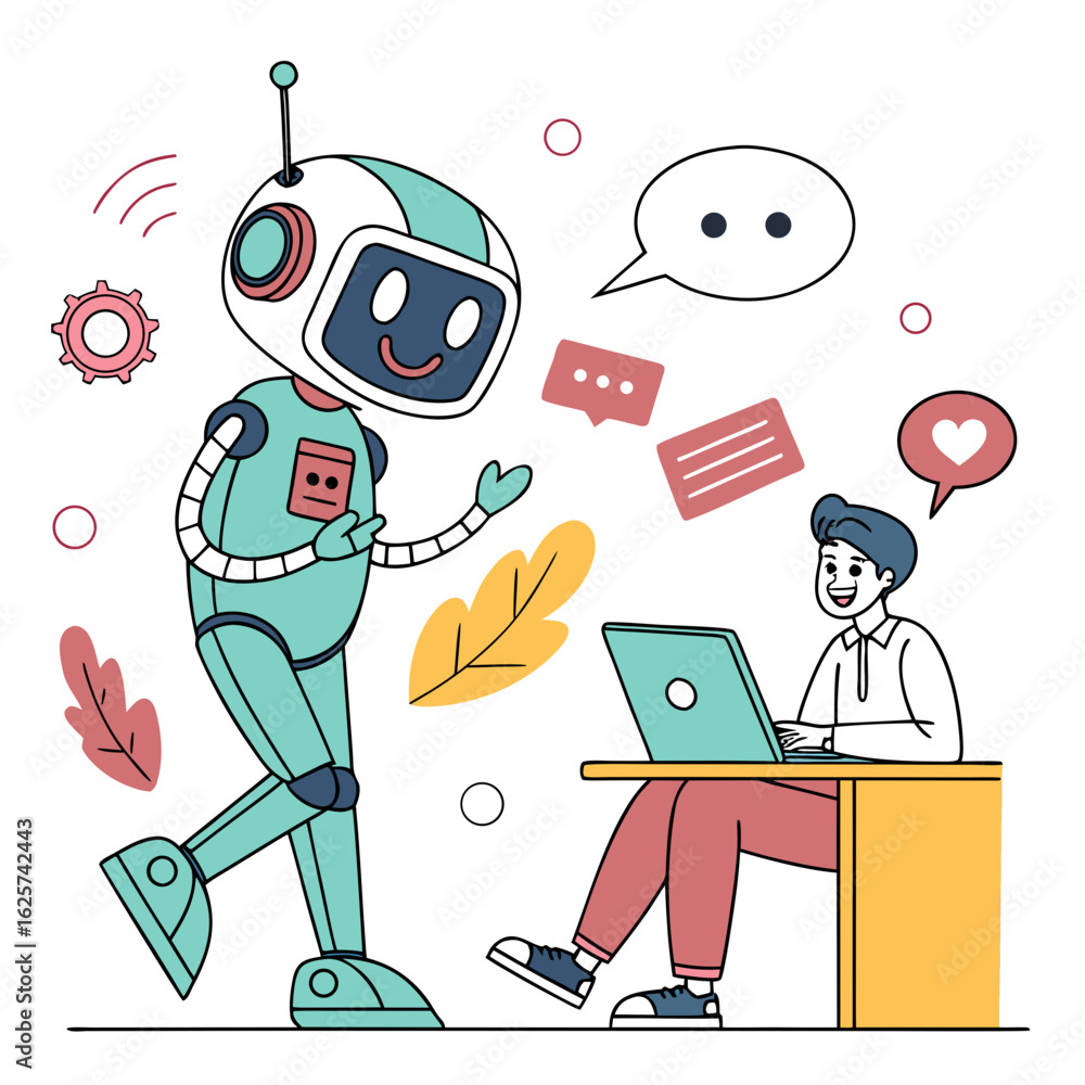 Poster friendly robot interacting with a person using a laptop isolated on transparent background