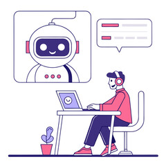 Person interacting with a friendly chatbot on a laptop isolated on transparent background