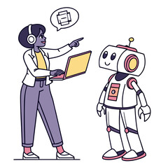 Woman with headphones and laptop teaching a friendly robot isolated on transparent background