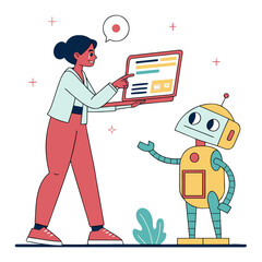 Woman showing laptop screen to a friendly robot isolated on transparent background