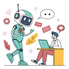 Friendly robot interacting with a person using a laptop isolated on transparent background