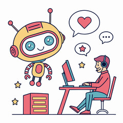 Friendly robot helping a person with a computer and headset isolated on transparent background